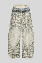 Leopard Double Waist Barrel Leg Jeans