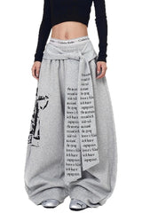 Layered Typography Ribbon Barrel Leg Sweatpants