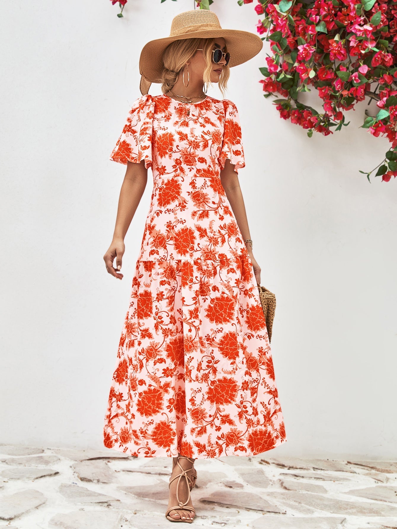 Floral Neck Tied Open Back Dress