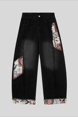 Pattern Patch Ankle Barrel Leg Jeans