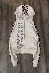 Leopard Panel Calligraphy Zip Hoodie