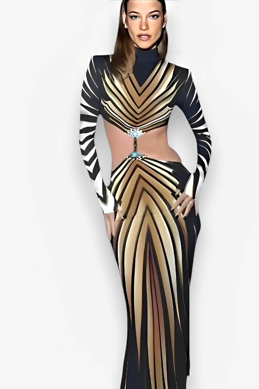 Hollow Striped Long Sleeve Dress