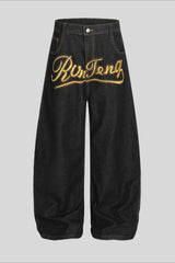 Gold Script Embroidered Barrel Leg Jeans
