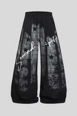 Distressed Script Graphic Wide Leg Sweatpants