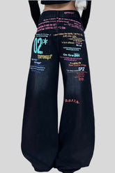 Colorful Slogan Printed Wide Leg Denim Jeans