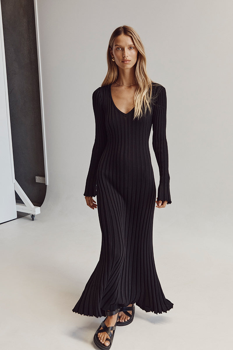 V-Neck Sleeved Knit Midi Dress - HELLA TREND