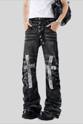 Rhinestone Cross Button Fly Flared Jeans