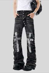 Rhinestone Cross Button Fly Flared Jeans