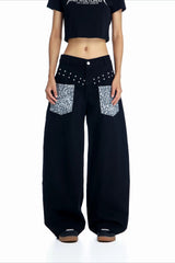 Leopard Pocket Stud Wide Leg Jeans