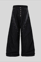 Studded Faux Leather Patchwork Wide Leg Pants