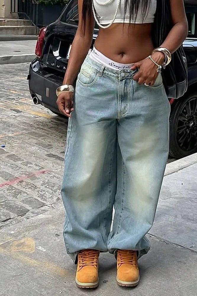 Vintage Washed Loose Fit High Waist Jeans