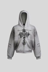 Washed Gothic Cross Full Zip Hoodie
