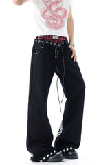 Rock Typography Stud Double Waist Jeans