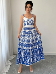 Wendy - Blue Print Sling Maxi Dress