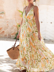 Vacation Casual Loose Tie-Dye Floral Trendy V-Neck Waist Slimming Midi Dress