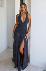 Sweet Temptation Halter Maxi Dress Black/ White Polka Dot
