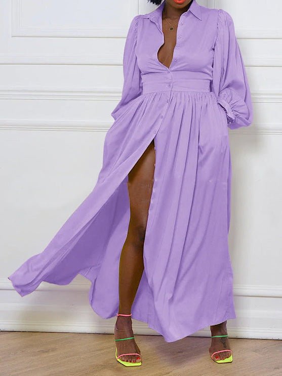 Solid Button Sleeve Shirt Dress