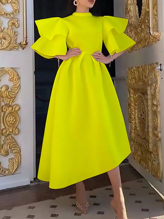 Solid Double Ruffle Sleeve Dress
