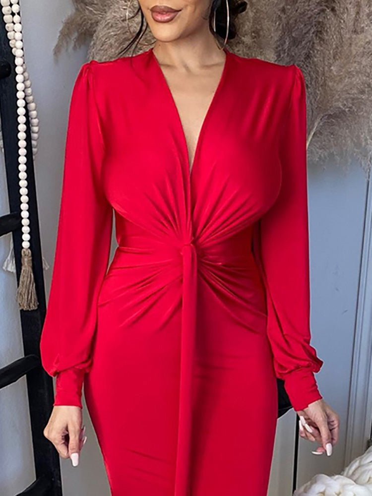 V Neck Long Sleeve Slim Fit Dress