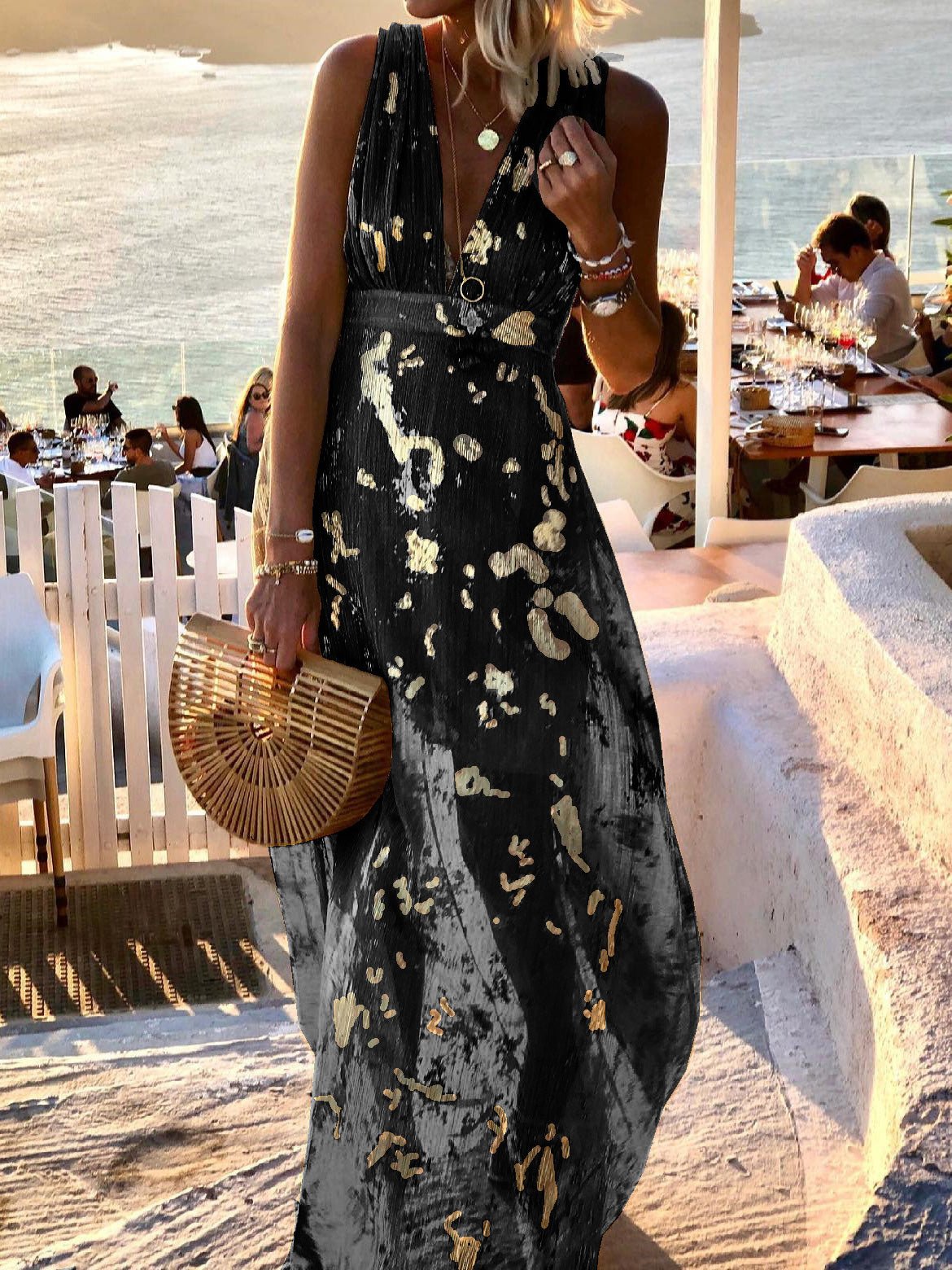 V-Neck Print Hot Stamping Dress