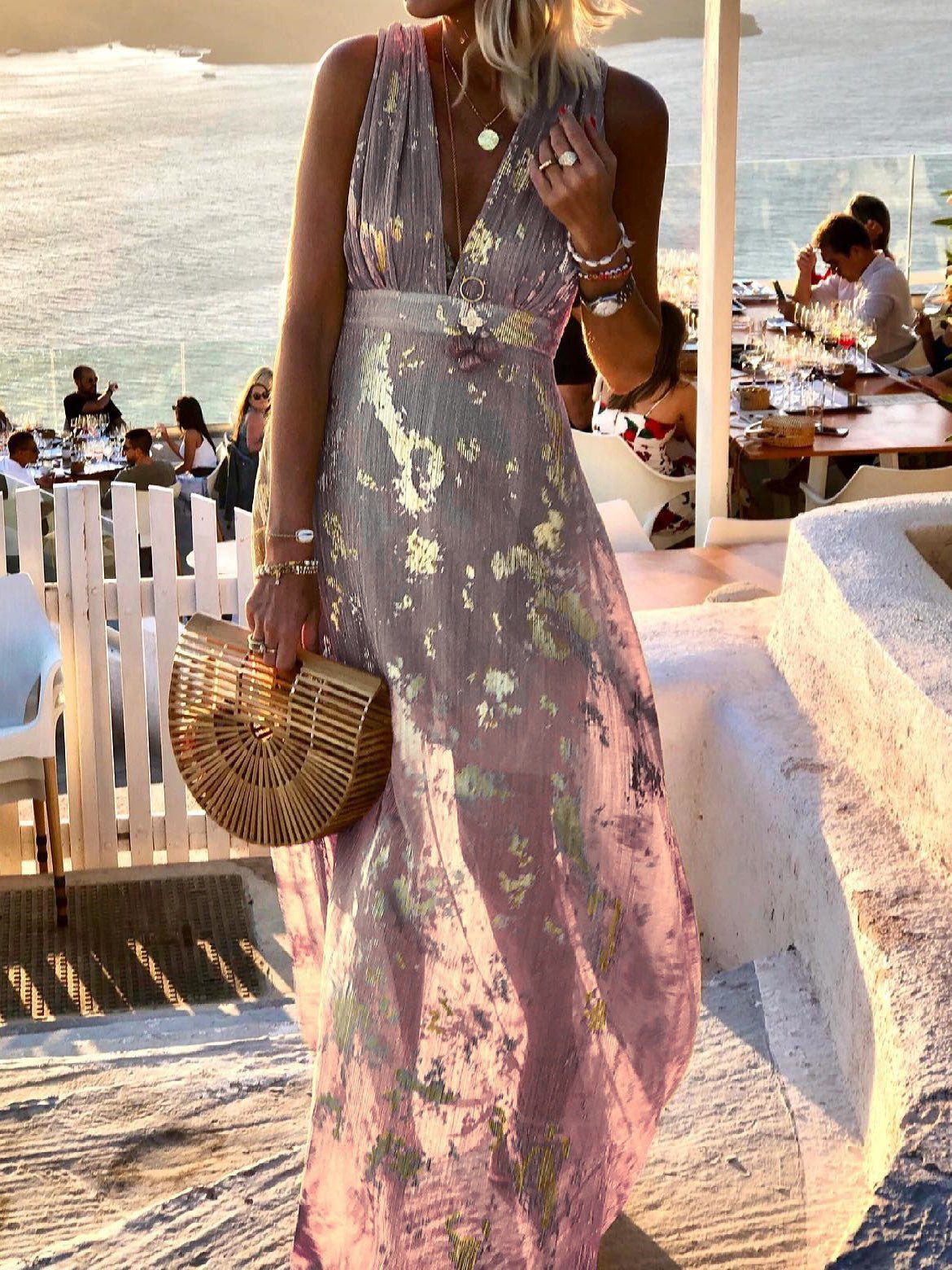 V-Neck Print Hot Stamping Dress