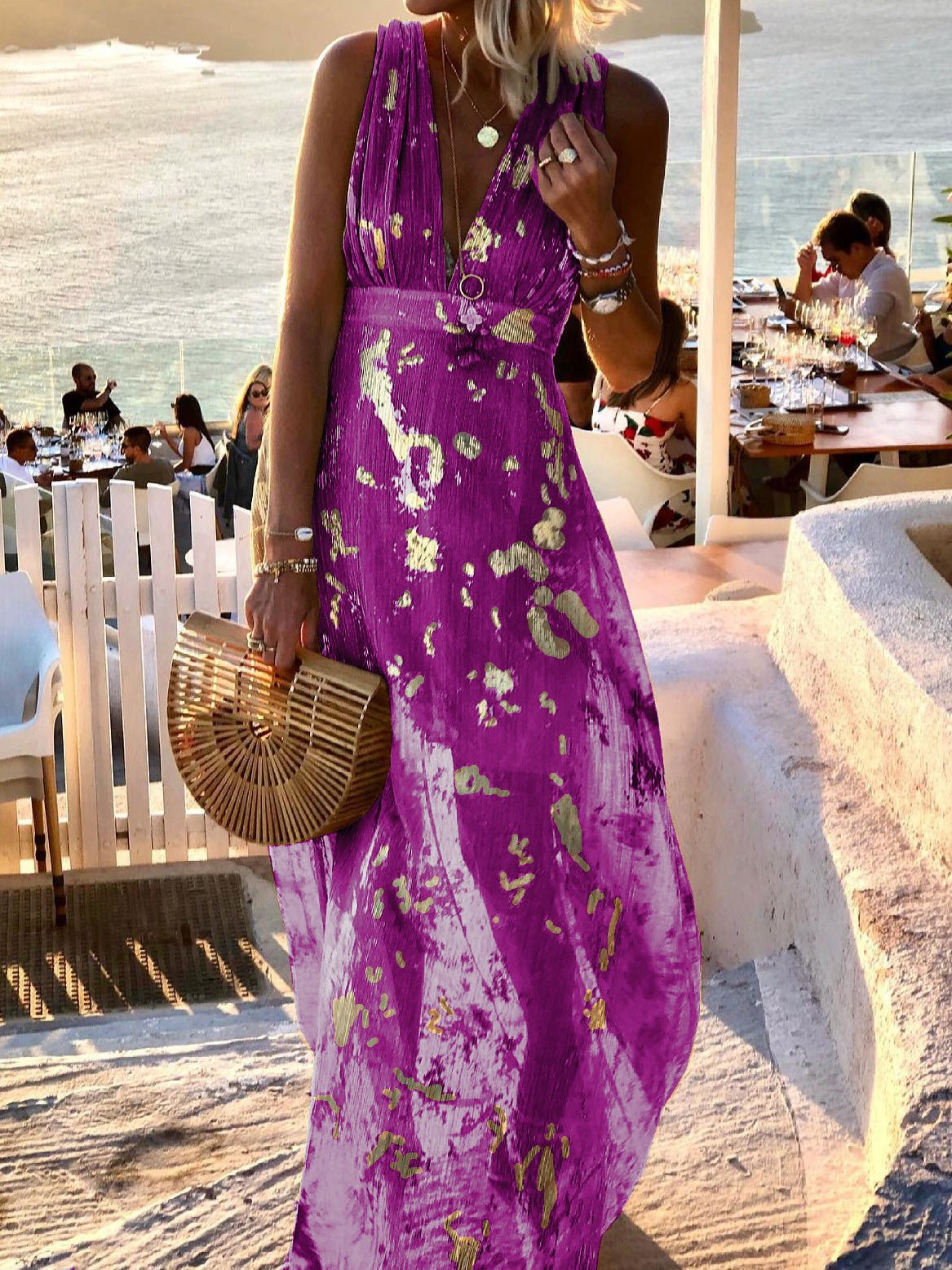V-Neck Print Hot Stamping Dress