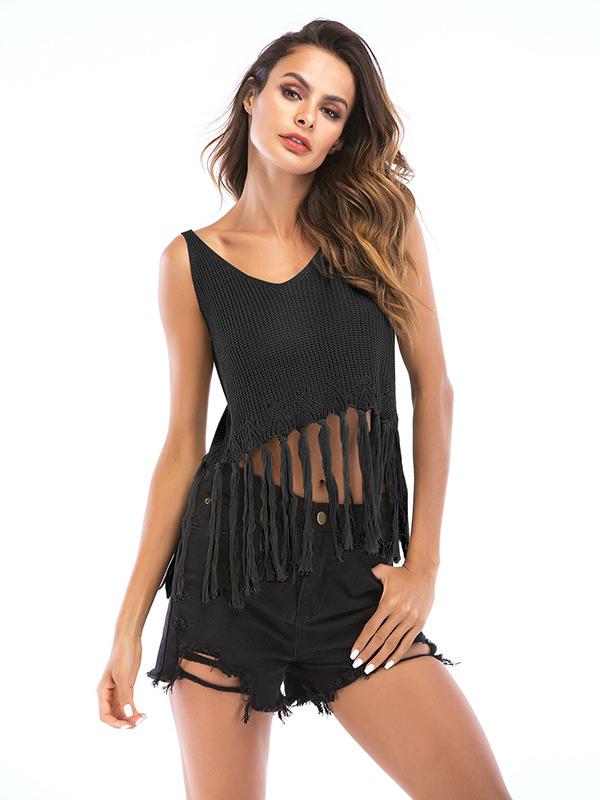 Short Style Sleeveless Fringed Top