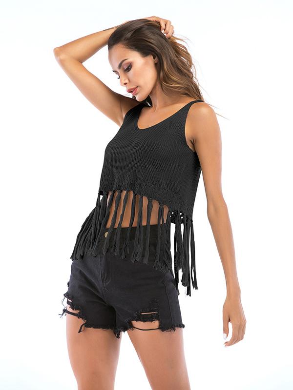 Short Style Sleeveless Fringed Top