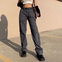 CityHottie - Vintage Streetwear Cargo Pants Women Harajuku Street Loose Straight Women Jeans Casual Slim Versatile High Waisted Jeans Pants