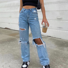 CityHottie - Baggy Jeans Straight Leg Ripped Jeans For Women Fashion Loose High Streetwear Women High Waist Pants Hole Boyfriend Trousers