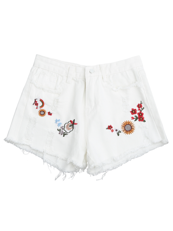 Trendy Embroidered Frayed Hem Ripped Denim Short