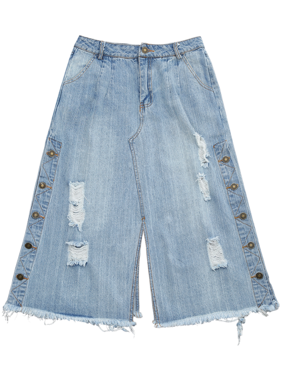Trendy Ripped Button Up Wide Leg Capri Jeans