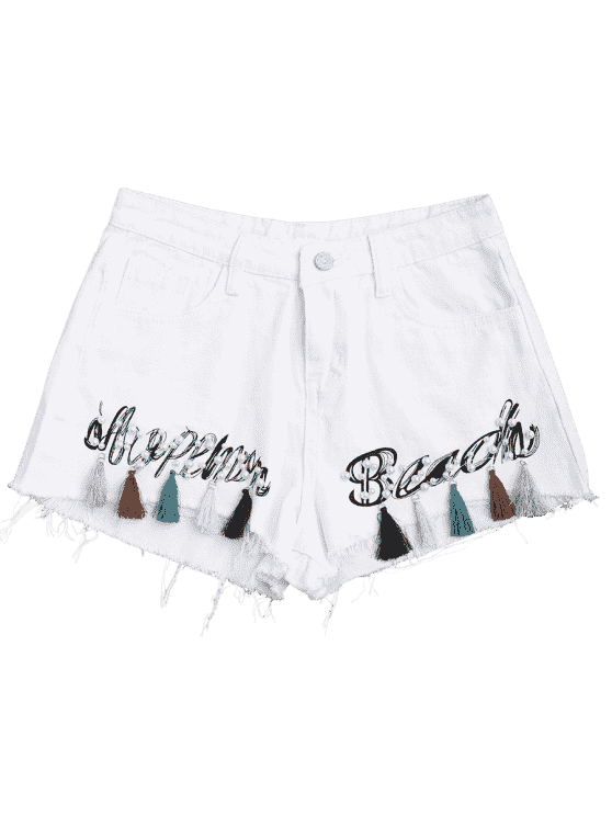 Trendy Cutoffs Tassels Beaded Embroidered Denim Shorts