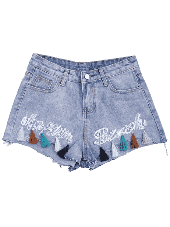 Trendy Cutoffs Tassels Beaded Embroidered Denim Shorts