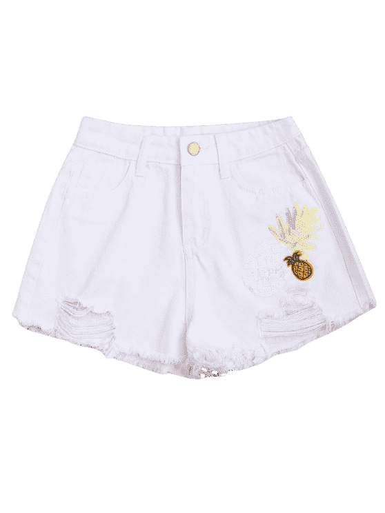 Trendy Patched Pineapple Sequined Ripped Denim Shorts