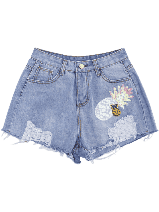Trendy Patched Pineapple Sequined Ripped Denim Shorts