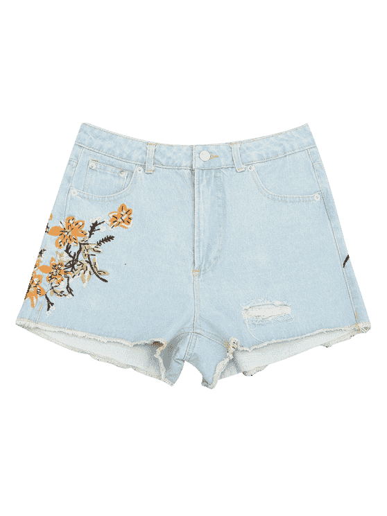 Trendy Destroyed Cutoffs Floral Embroidered Denim Shorts