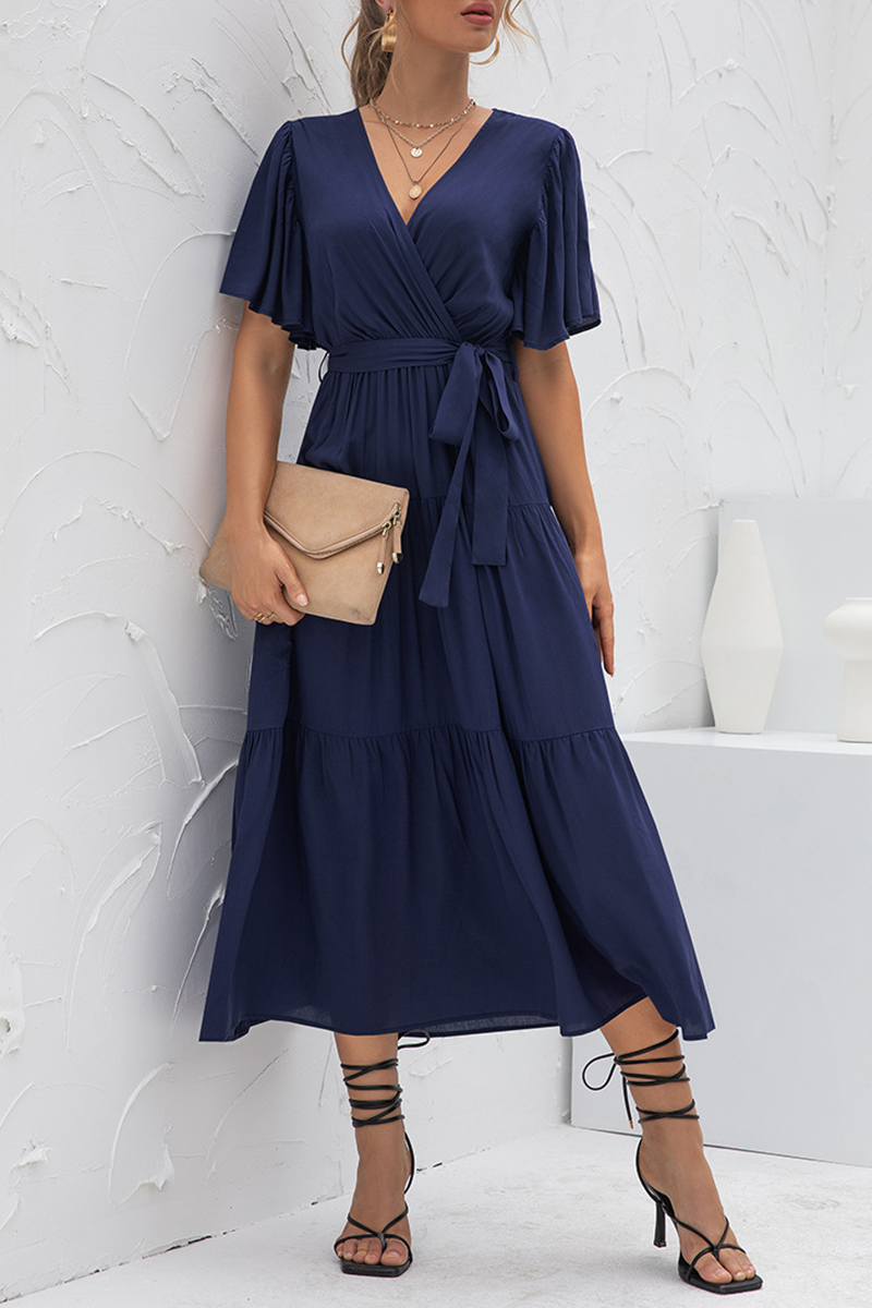 Elegant Solid Patchwork With Belt V Neck Cake Skirt Dresses
