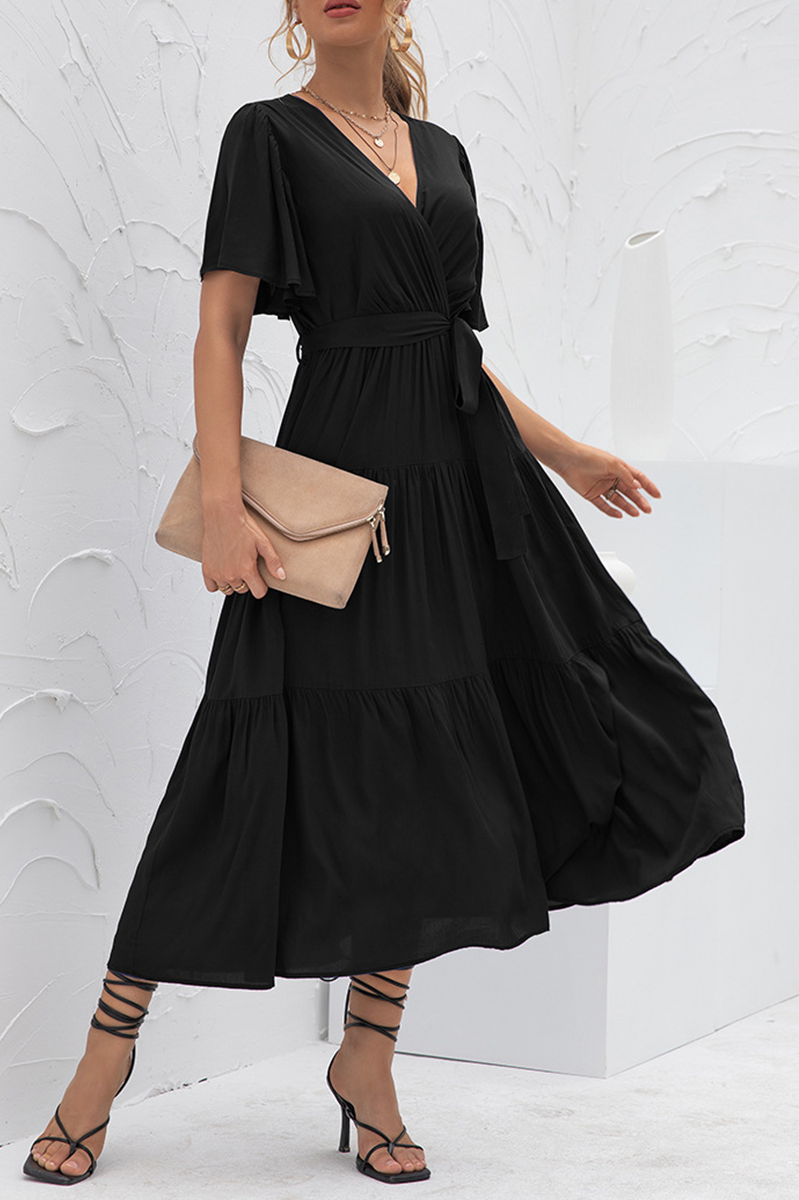 Elegant Solid Patchwork With Belt V Neck Cake Skirt Dresses