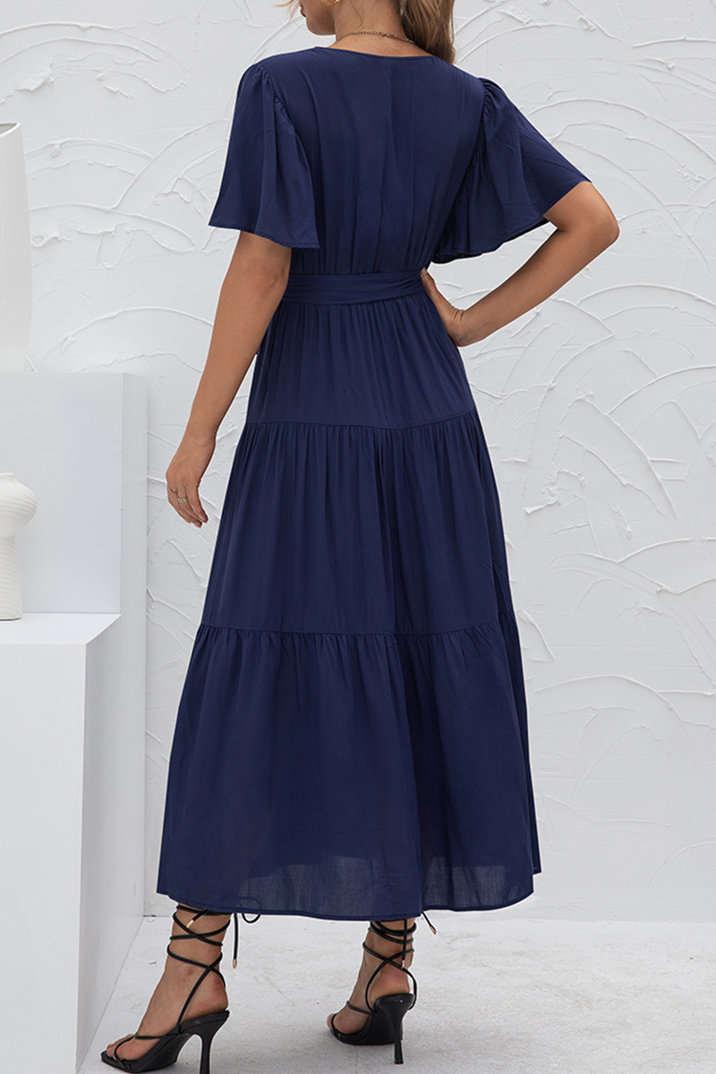 Elegant Solid Patchwork With Belt V Neck Cake Skirt Dresses