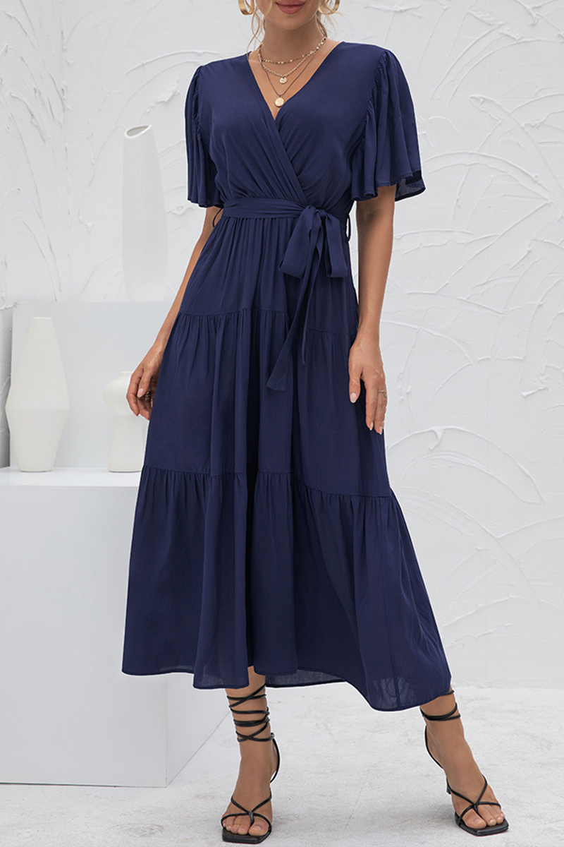 Elegant Solid Patchwork With Belt V Neck Cake Skirt Dresses