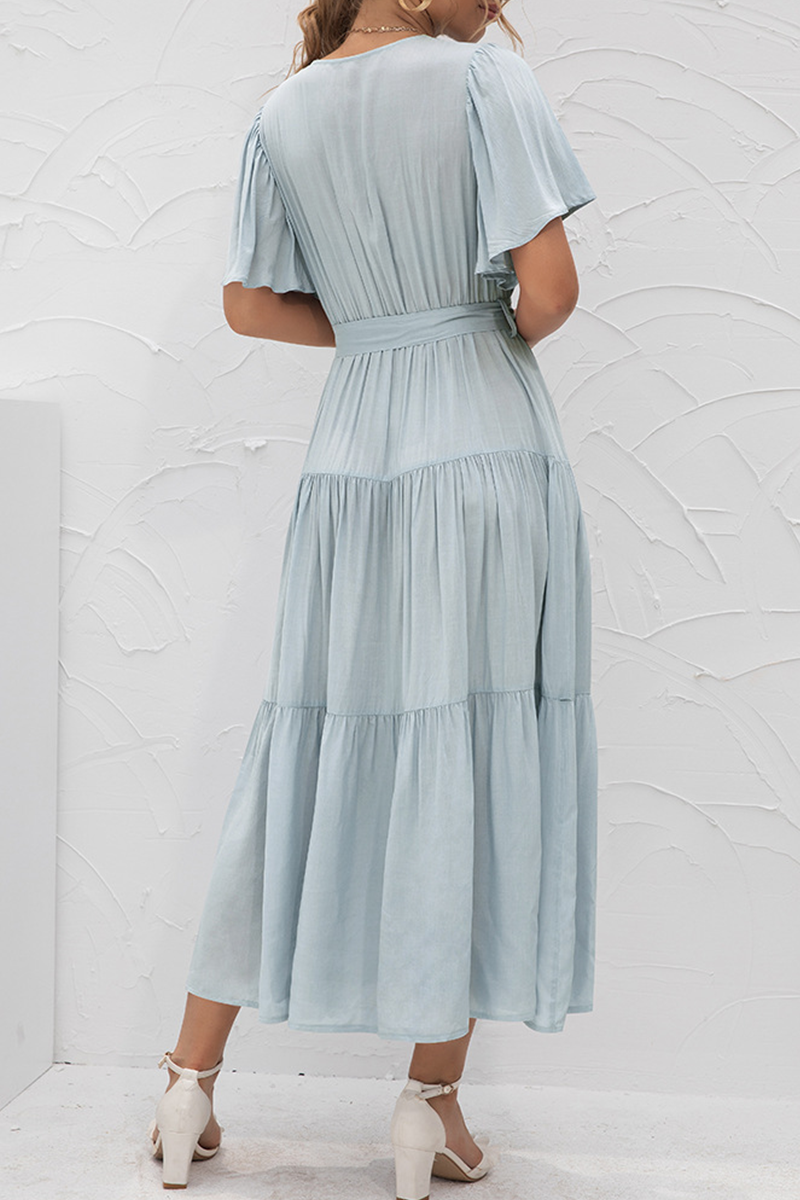 Elegant Solid Patchwork With Belt V Neck Cake Skirt Dresses