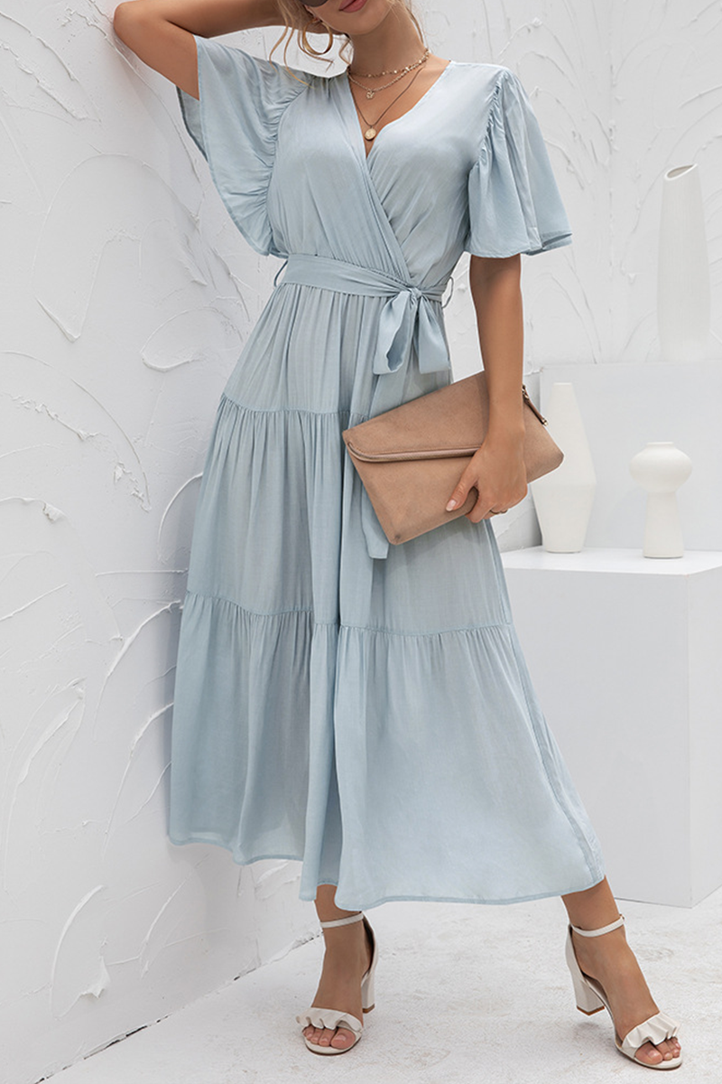 Elegant Solid Patchwork With Belt V Neck Cake Skirt Dresses