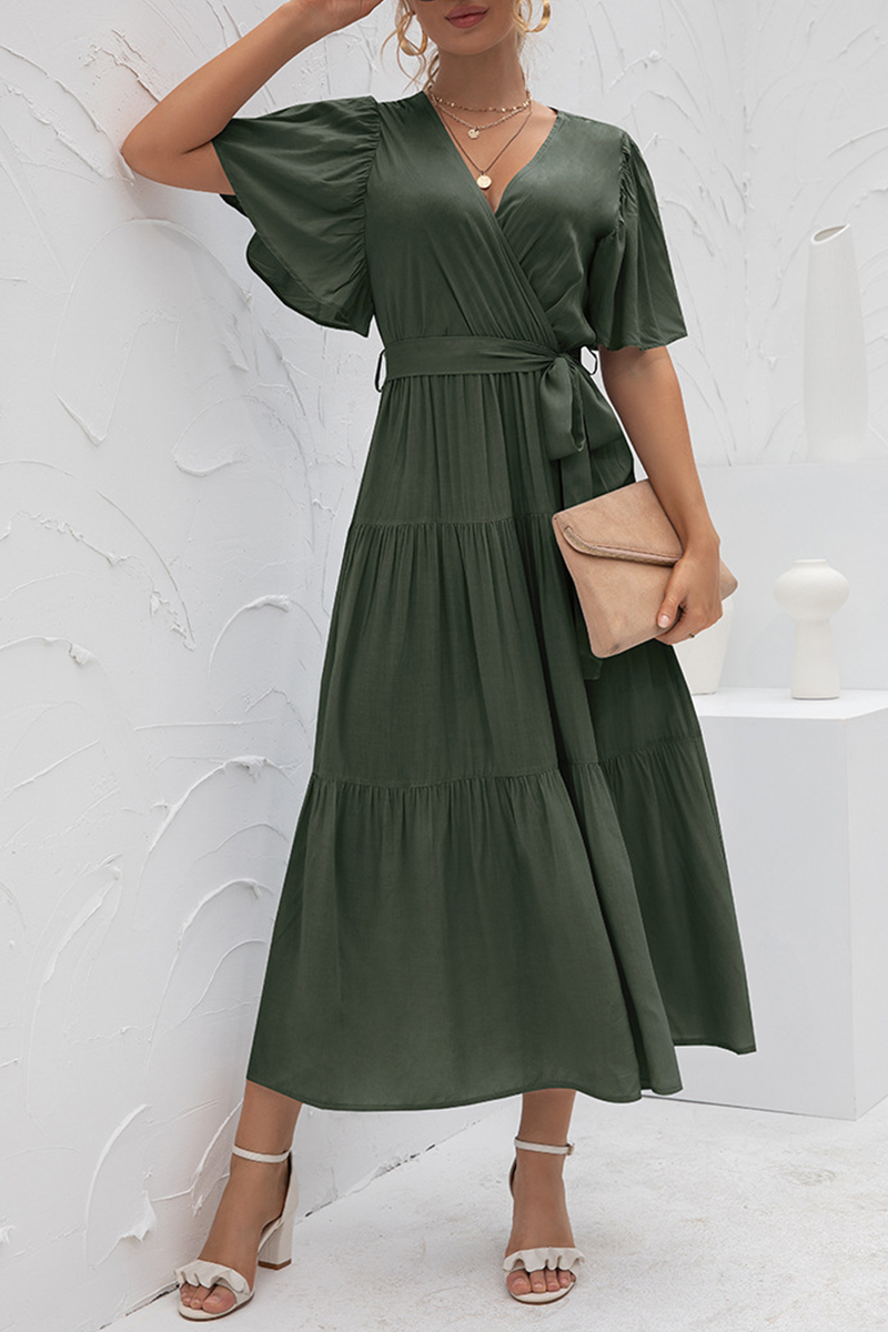 Elegant Solid Patchwork With Belt V Neck Cake Skirt Dresses