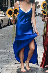 Fashion Casual Solid Split Joint Slit V Neck A Line Dresses (Without Belt)���5 colors���