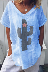Fashion Print Split Joint V Neck T-Shirts