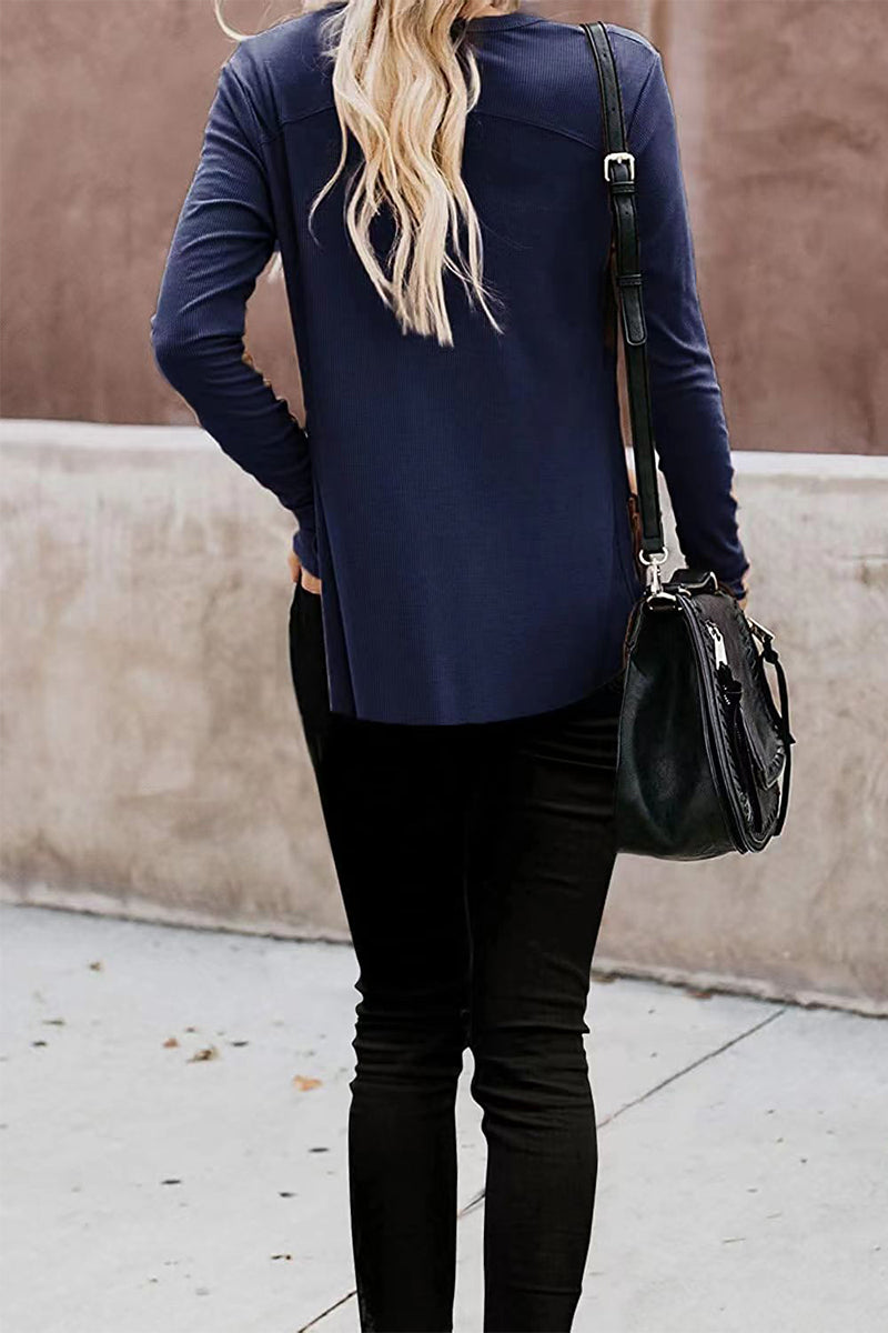 Fashion Casual Patchwork Buttons V Neck T-Shirts