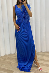 Sexy Solid Patchwork Pleated V Neck Long Dress Dresses