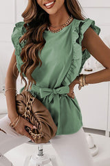 Sweet Simplicity Solid Bandage Flounce O Neck Tops