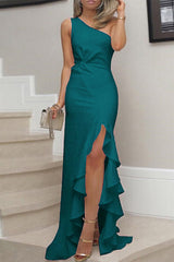 Elegant Solid Flounce Slit One Shoulder Evening Dress Dresses(5 Colors)